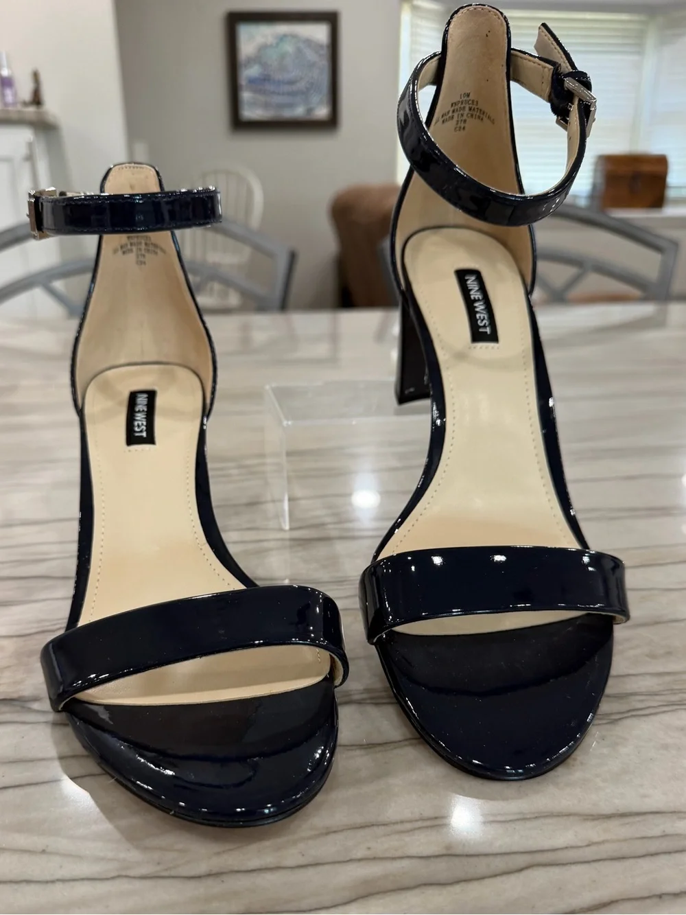 Nine West Pruce 3 Navy Patent Ankle Strap Block Heel Sandals Size 10 NIB